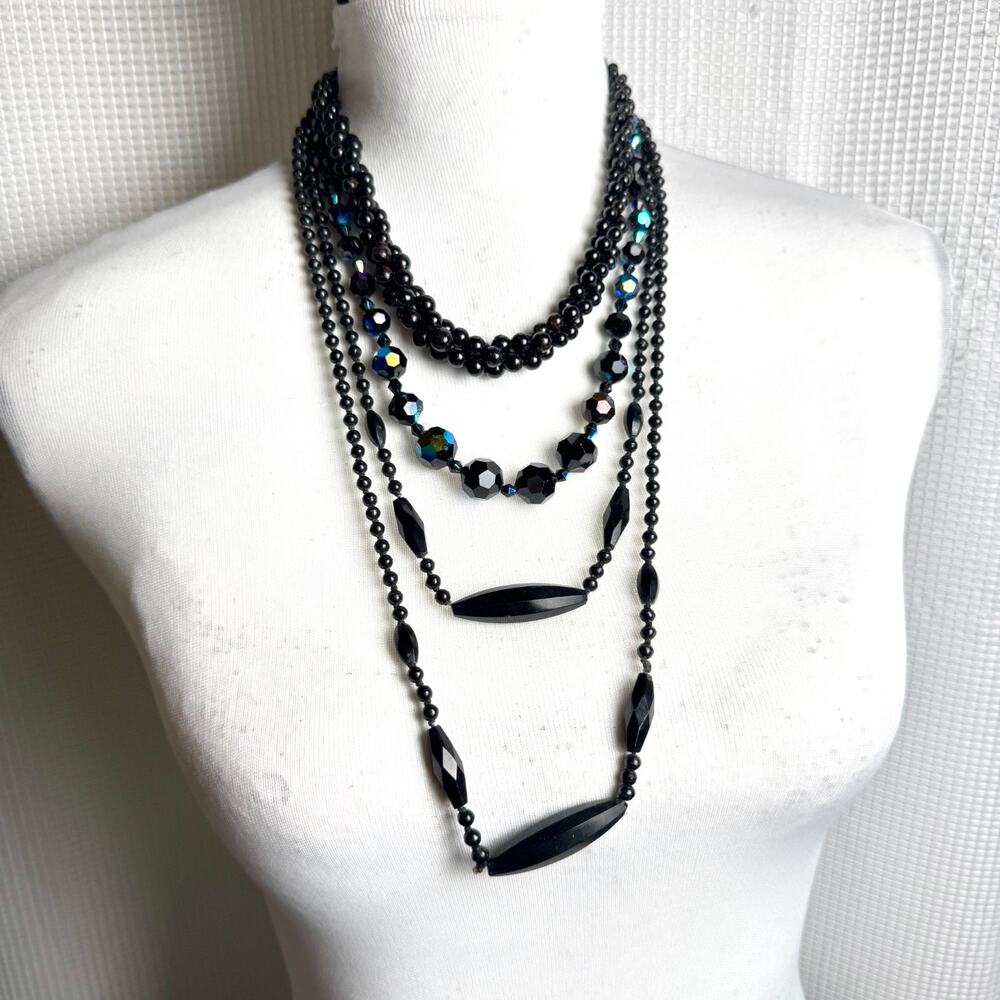 Vintage Black Bead Necklaces Set of 3 Glass & Plastic AB Faceted Cluster 60s